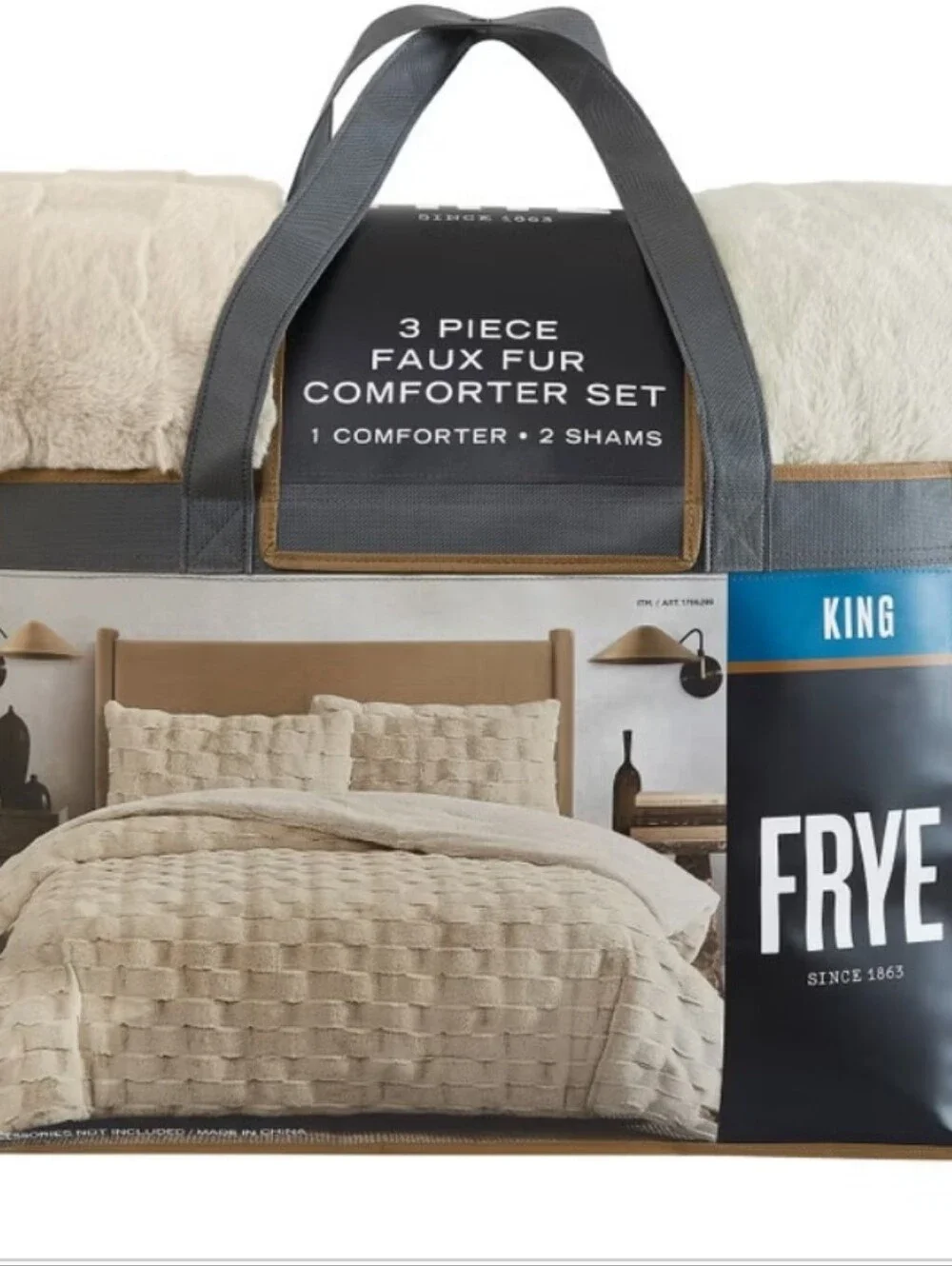 FRYE KING Luxury Bubble Faux Fur Comforter 3 Piece Set, Cream - Reversible